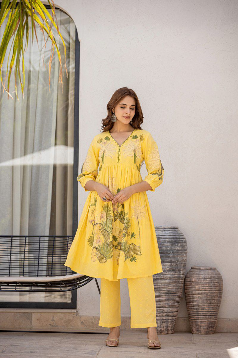 Yellow embroidered pure cotton CO-ORD set for women