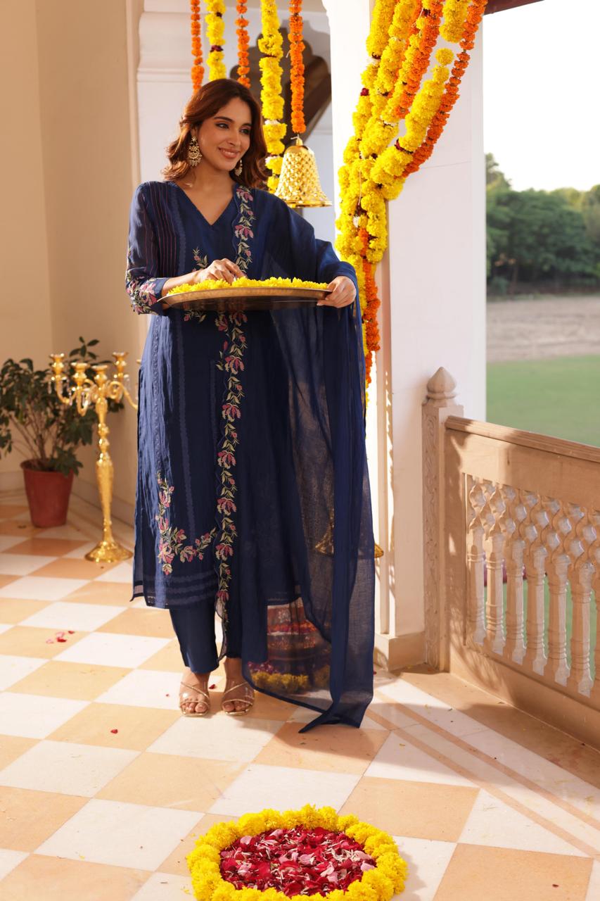 Mul Chanderi Blue embroidered Suit set