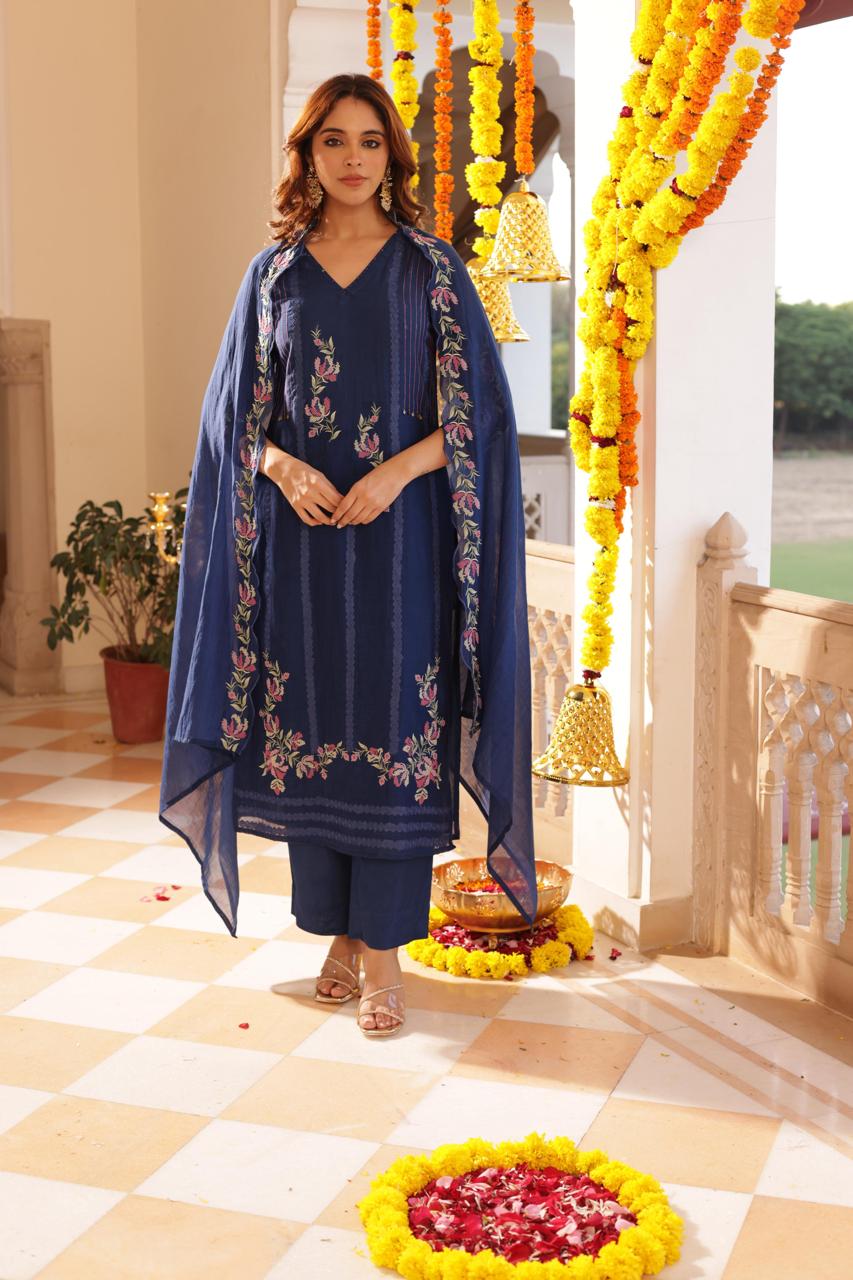 Mul Chanderi Blue embroidered Suit set