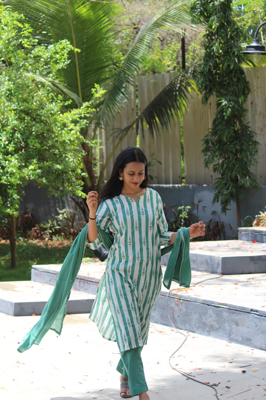 Green Straight Striped Gota work Kurta Pant Dupatta set