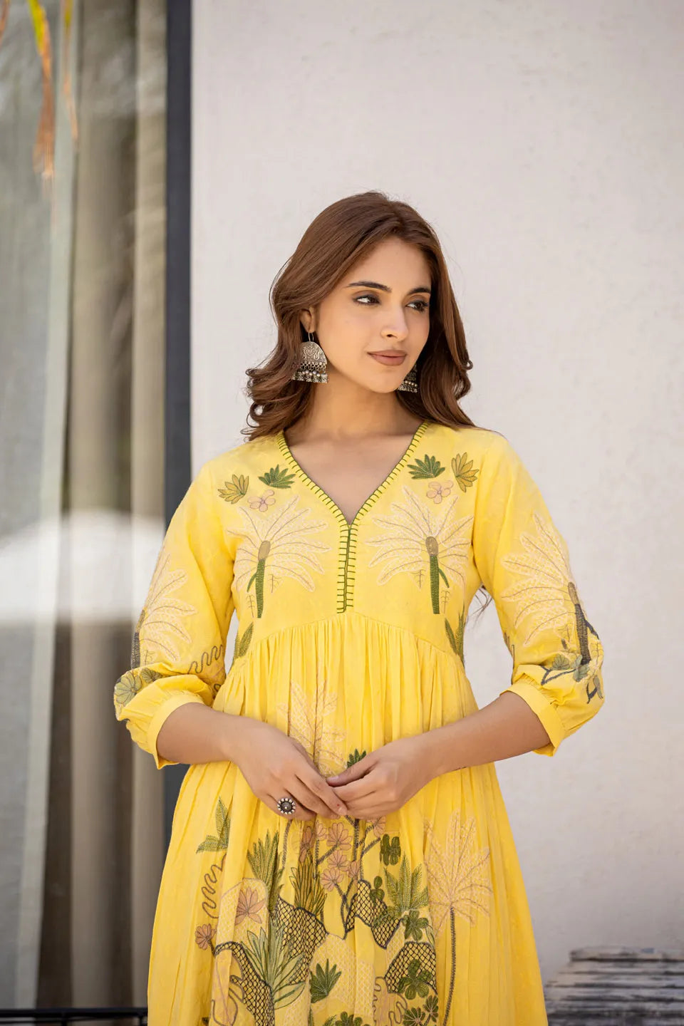 Yellow embroidered pure cotton CO-ORD set for women